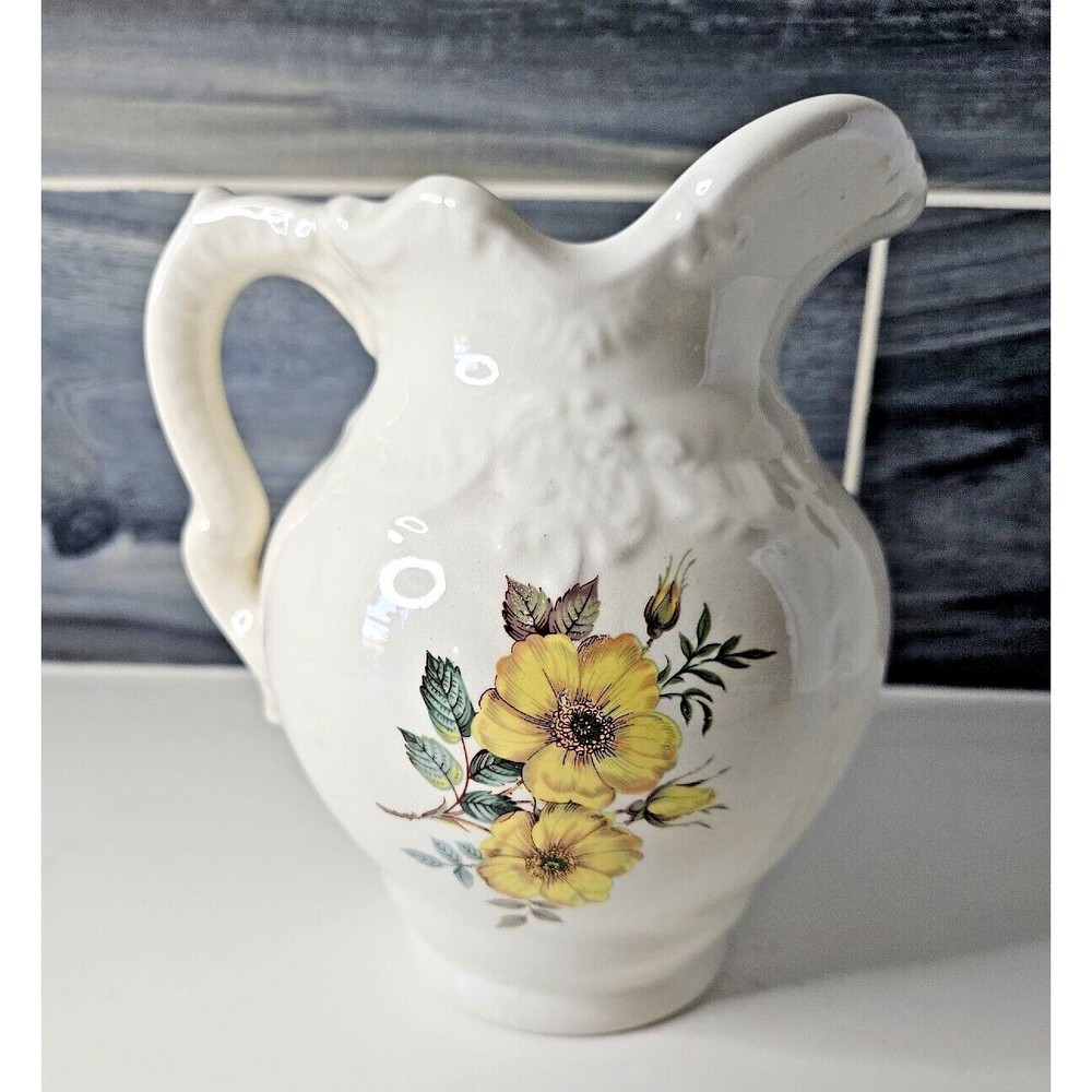 Vintage White Porcelain Arnel’s Pitcher w/ Yellow Floral Design (no basin bowl)